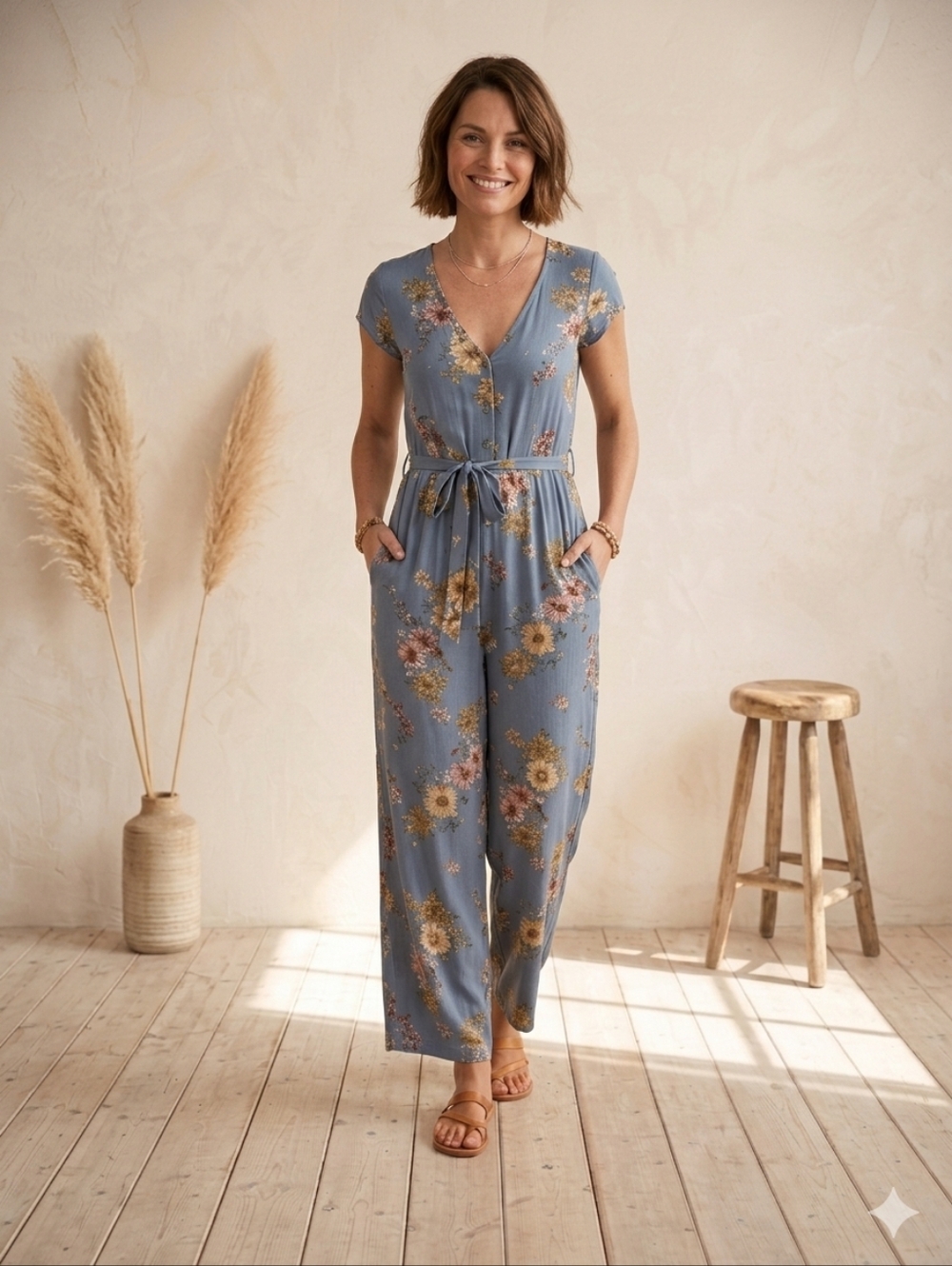 Band of Gypsies Blue Floral Wide Leg Jumpsuit - Size S Boho Cottagecore